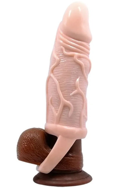 Baile penisverlängerungshülle mit gurt in rosa und braun aus silikon mit realistisch strukturierter oberfläche