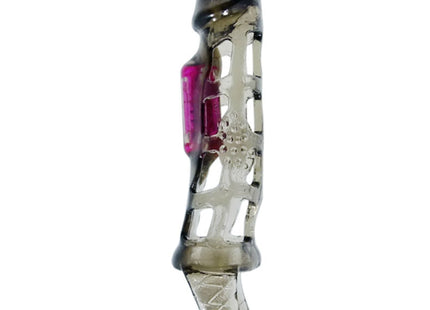 Transparente graue silikon penisverlängerungshülse mit vibration und riemen 13,5 cm mit rosa bedienfeld und texturierter griff