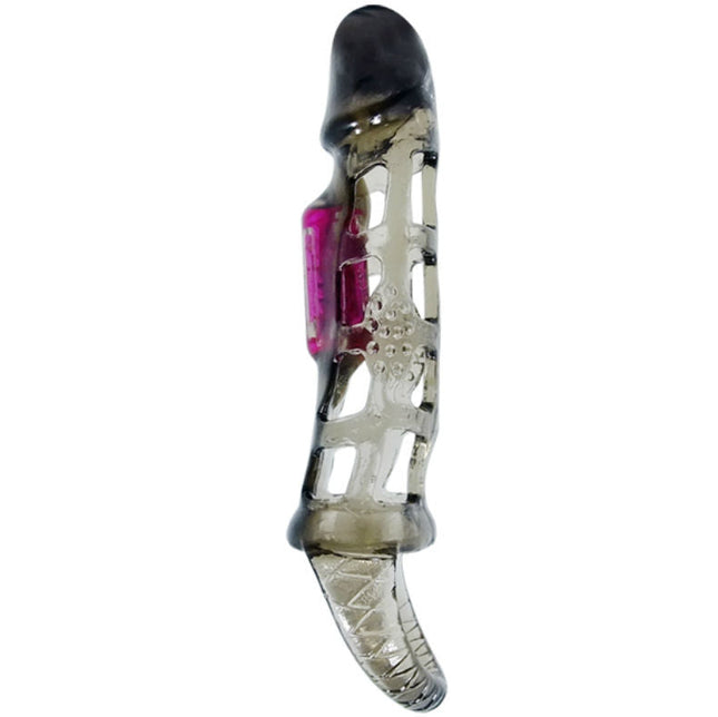 Transparente graue silikon penisverlängerungshülse mit vibration und riemen 13,5 cm mit rosa bedienfeld und texturierter griff