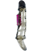 Transparente graue silikon penisverlängerungshülse mit vibration und riemen 13,5 cm mit rosa bedienfeld und texturierter griff