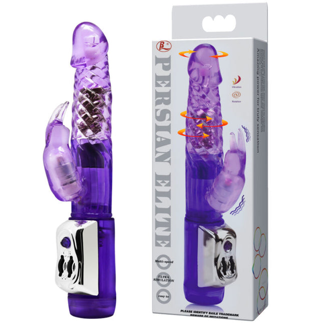 Purple translucent plastik persischer rabbit vibrator mit silberner steuerung und strukturierter oberfläche
