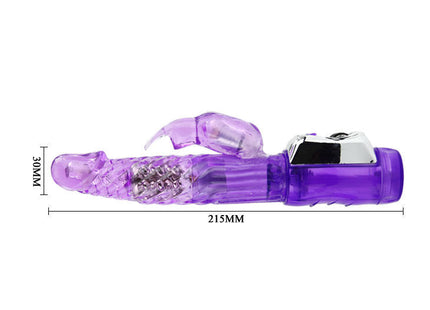 Lila durchsichtiger plastik vibrator in kaninchenform mit silbernem knopf und strukturierendem griff von baile