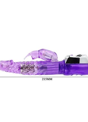 Lila durchsichtiger plastik vibrator in kaninchenform mit silbernem knopf und strukturierendem griff von baile