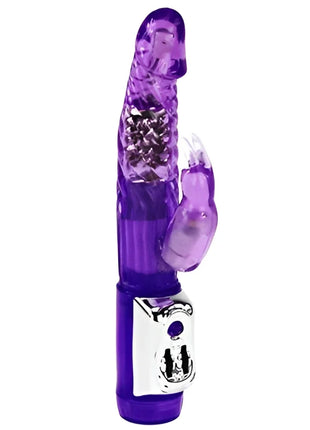 Lila transparenter plastik-kaninchenvibrator mit silberner steuerung am grund baile persischer elite kaninchen