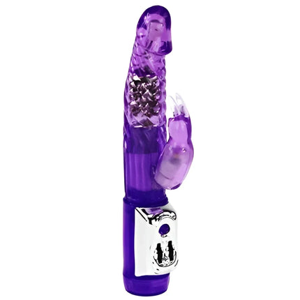 Lila transparenter plastik-kaninchenvibrator mit silberner steuerung am grund baile persischer elite kaninchen