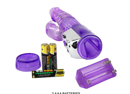 Lila durchscheinendes silikonspielzeug mit silberner metallbasis und strukturierter griffoberfläche von baile persischer elite kaninchen