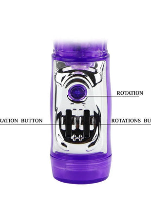 Lila und silberner schädelförmiger vibrator mit durchsichtigem lila körper und chromakzenten von baile persischer elite kaninchen