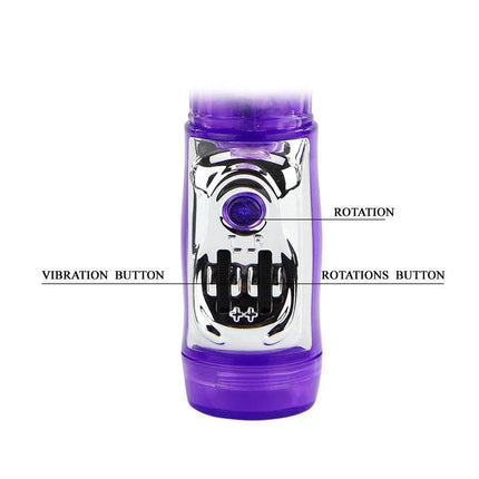 Lila und silberner schädelförmiger vibrator mit durchsichtigem lila körper und chromakzenten von baile persischer elite kaninchen