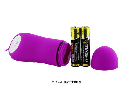 Lila silikon adult toy baile pleasureshell12 mit weißem control panel und abnehmbarem domeset neben zwei aaa batterien