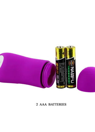 Lila silikon adult toy baile pleasureshell12 mit weißem control panel und abnehmbarem domeset neben zwei aaa batterien