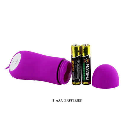 Lila silikon adult toy baile pleasureshell12 mit weißem control panel und abnehmbarem domeset neben zwei aaa batterien