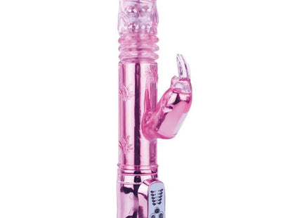 Pink transparenter kaninchenförmiger vibrator mit metallisch pinker basis und bedienfeld baile pochender bunny pink rampant rotator