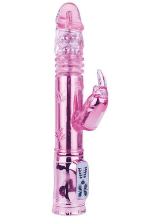 Pink transparenter kaninchenförmiger vibrator mit metallisch pinker basis und bedienfeld baile pochender bunny pink rampant rotator