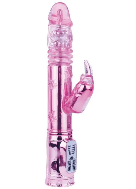 Pink transparenter kaninchenförmiger vibrator mit metallisch pinker basis und bedienfeld baile pochender bunny pink rampant rotator
