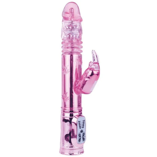 Pink transparenter kaninchenförmiger vibrator mit metallisch pinker basis und bedienfeld baile pochender bunny pink rampant rotator