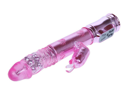 Pink transparenter rabbit-vibrator aus kunststoff mit silbernen akzenten und bedientasten von baile pochender bunny pink rampant rotator
