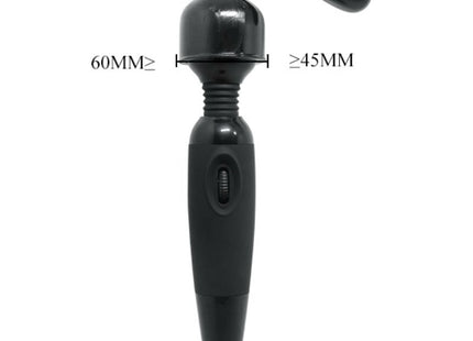Schwarzer plastik-vibrationsmassager mit gebogenem griff und spitz zulaufender austauschbarer kopf für massager