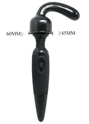 Schwarzer plastik-vibrationsmassager mit gebogenem griff und spitz zulaufender austauschbarer kopf für massager