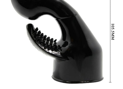 Schwarzer glänzender silikon vibrator in handform mit gebogenem design und gezahnten zähnen für punkt und klitorisstimulation
