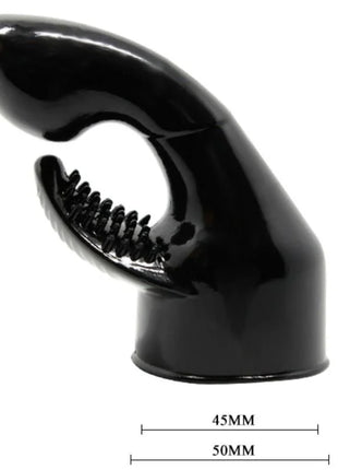 Schwarzer glänzender silikon vibrator in handform mit gebogenem design und gezahnten zähnen für punkt und klitorisstimulation