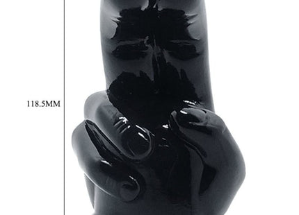 Schwarze glänzende keramikfigur in handform mit peace zeichen als austauschbarer kopf für baile handdesign massager
