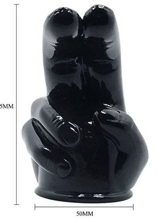 Schwarze glänzende keramikfigur in handform mit peace zeichen als austauschbarer kopf für baile handdesign massager