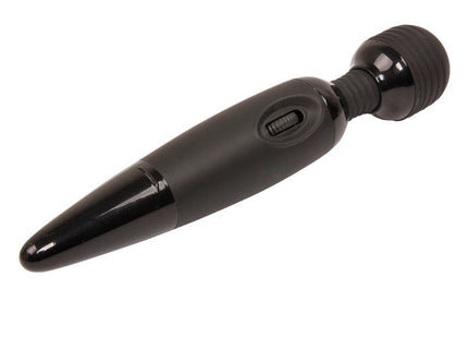 Schwarzer glänzender baile wand-massager aus plastik mit rundem kopf und strukturiertem griff für kraftvolle massage