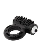 Schwarzer silikonring mit strukturierter bürstenkopf und weißem knopf seitlich baile power ring vibrator 10v
