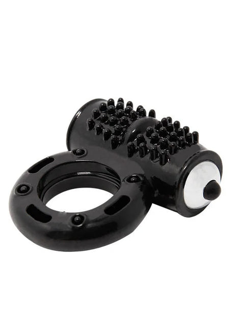 Schwarzer silikonring mit strukturierter bürstenkopf und weißem knopf seitlich baile power ring vibrator 10v