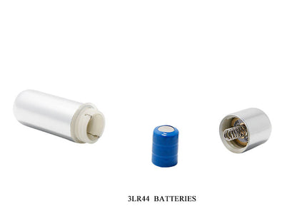 Silberne zylindrische 3lr44 batterie mit blauem kunststoffgehäuse und metallischen anschlüssen für baile power ring vibrator ring 10v
