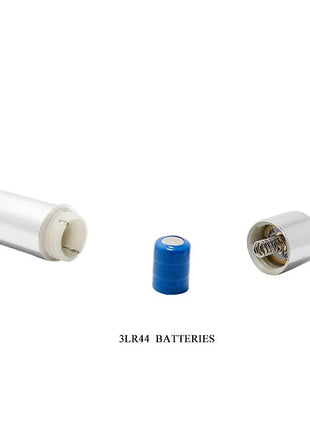 Silberne zylindrische 3lr44 batterie mit blauem kunststoffgehäuse und metallischen anschlüssen für baile power ring vibrator ring 10v