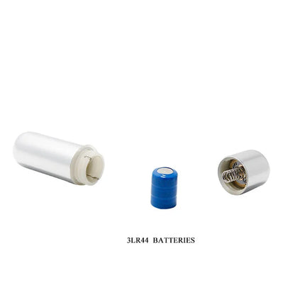 Silberne zylindrische 3lr44 batterie mit blauem kunststoffgehäuse und metallischen anschlüssen für baile power ring vibrator ring 10v