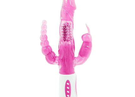 Pink durchscheinender silikon vibrator mit weißem boden und rosa ovalem knopfdetail baile pretty bunny dreifacher vibrator rotator