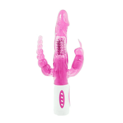 Pink durchscheinender silikon vibrator mit weißem boden und rosa ovalem knopfdetail baile pretty bunny dreifacher vibrator rotator