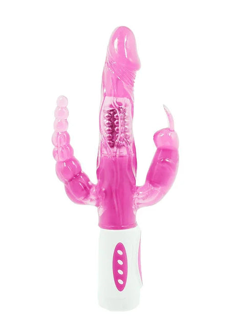 Pink durchscheinender silikon vibrator mit weißem boden und rosa ovalem knopfdetail baile pretty bunny dreifacher vibrator rotator