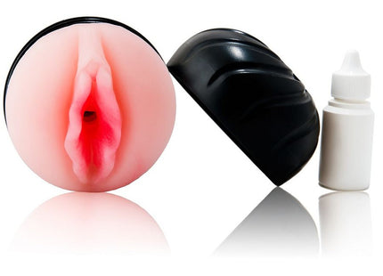 Pink silikon vaginalstimulator mit schwarzem deckel und weißer gleitmittelflasche im produkt baile pussy masturbator spielstart