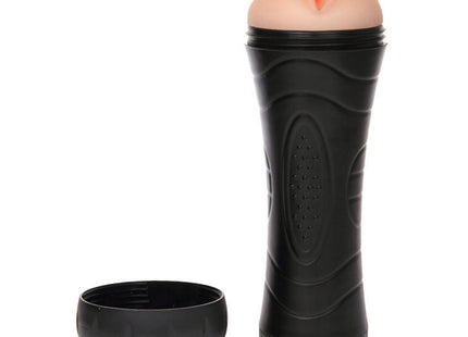 Schwarzer silikon vibrator mit pfirsichfarbener, strukturierter spitze und geriffelter basis von BAILE pussy vagina vibrator 7 rhythmen ciberskyn