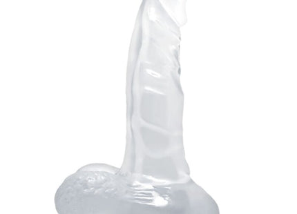 Transparent silikon dildo mit strukturierter, gerippter spitze und rundem fuß von baile mit saugnapf und hoden