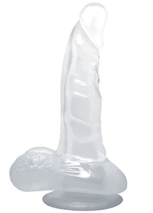 Transparent silikon dildo mit strukturierter, gerippter spitze und rundem fuß von baile mit saugnapf und hoden