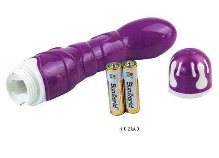 Lila plastikhahn vibrator mit weißen akzenten und passendem kappe mit weißem tropfenmuster aus der baile realistisch 10 rhythms sensation flieder serie