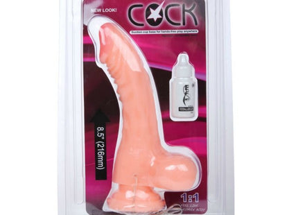 Peachfarbener realistischer silikonhähndildo mit vibrationsfunktion und saugnapfbasis in klarer verpackung mit gleitgel
