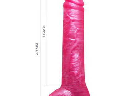 Ein lebhaft pinker, glänzender silikon dildo mit detailreichen strukturierten rillen und rundem saugnapfbasis von baile