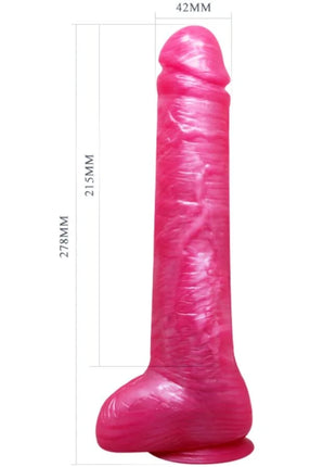 Ein lebhaft pinker, glänzender silikon dildo mit detailreichen strukturierten rillen und rundem saugnapfbasis von baile