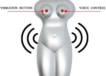 Silver frau geformter körpermassager mit roten vibrationstasten und sprachsteuerung im produkt baile realistisch