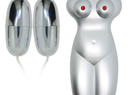 Silver farbener erwachsenenspielzeug mit humanoidem körperdesign und roten led-augen sowie zwei chromzylindern baile realistischere vagina und anus mit mesh