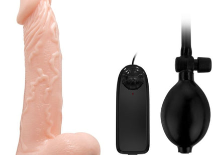 Rosafarbener baile realistischer silikon dildo mit texturierter oberfläche, vibrierend und aufblasbar, mit schwarzem netzkabel, fernbedienung und pumpe