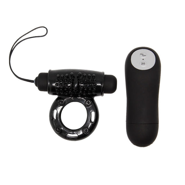 Schwarzer silikon vibrierender ring mit strukturierter rolle und passender fernbedienung von BAILE 20V