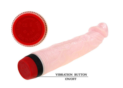 Pink transluzenter silikon vibratorspielzeug mit roten und schwarzen endkappen und vibration button an aus von baile rockin dong penis cyber skin i