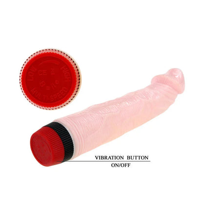 Pink transluzenter silikon vibratorspielzeug mit roten und schwarzen endkappen und vibration button an aus von baile rockin dong penis cyber skin i