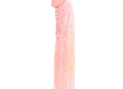Pink transparenter silikon dildo mit strukturierten rippen und rotem fuß mit schwarzem band baile rockin dong penis cyber skin i